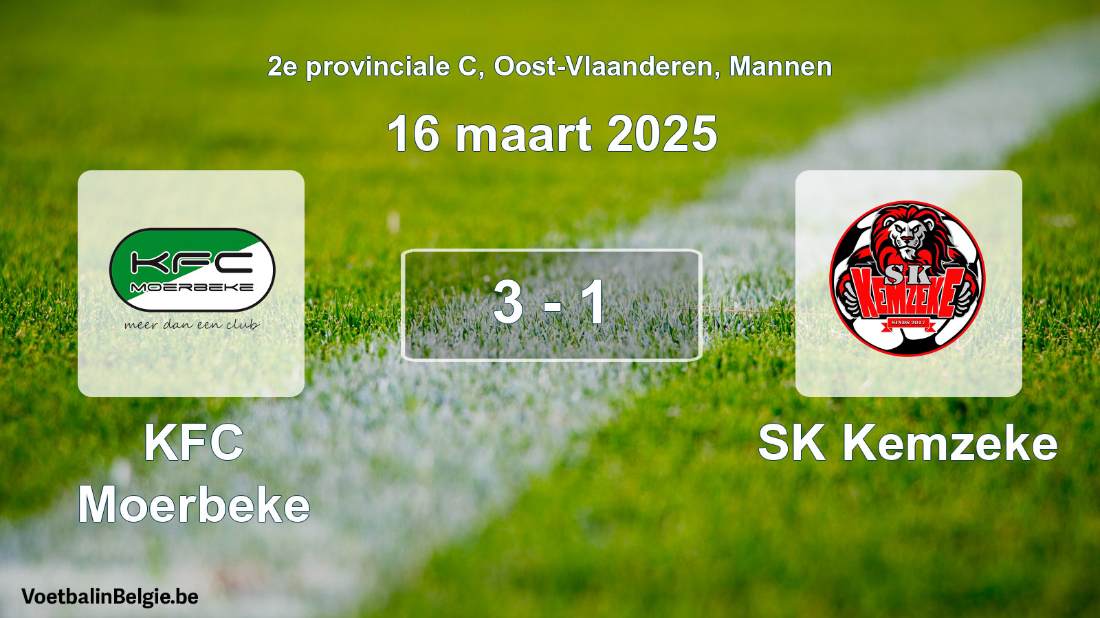 Gespeelde wedstrijd mannenvoetbal: KFC Moerbeke - SK Kemzeke 3 - 1 (16 maart 2025)