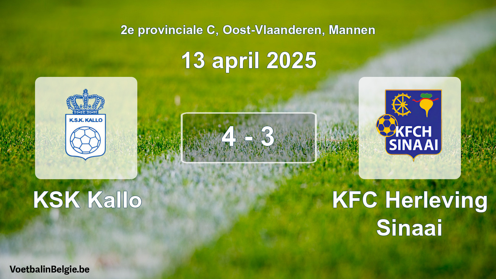 Gespieltes Spiel männer-Fußball: KSK Kallo - KFC Herleving Sinaai 4 - 3 (13 April 2025)
