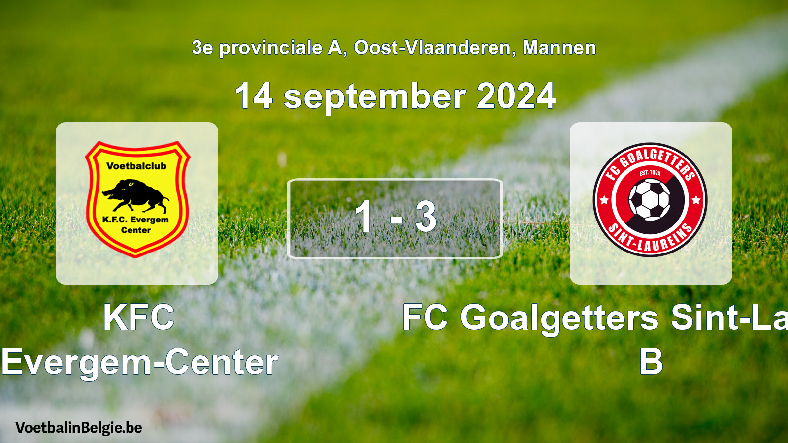 Gespeelde wedstrijd mannenvoetbal: KFC Evergem-Center - FC Goalgetters Sint-Laureins B 1 - 3 (14 september 2024)