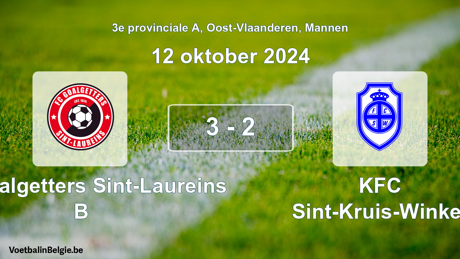 Gespeelde wedstrijd mannenvoetbal: FC Goalgetters Sint-Laureins B - KFC Sint-Kruis-Winkel 3 - 2 (12 oktober 2024)