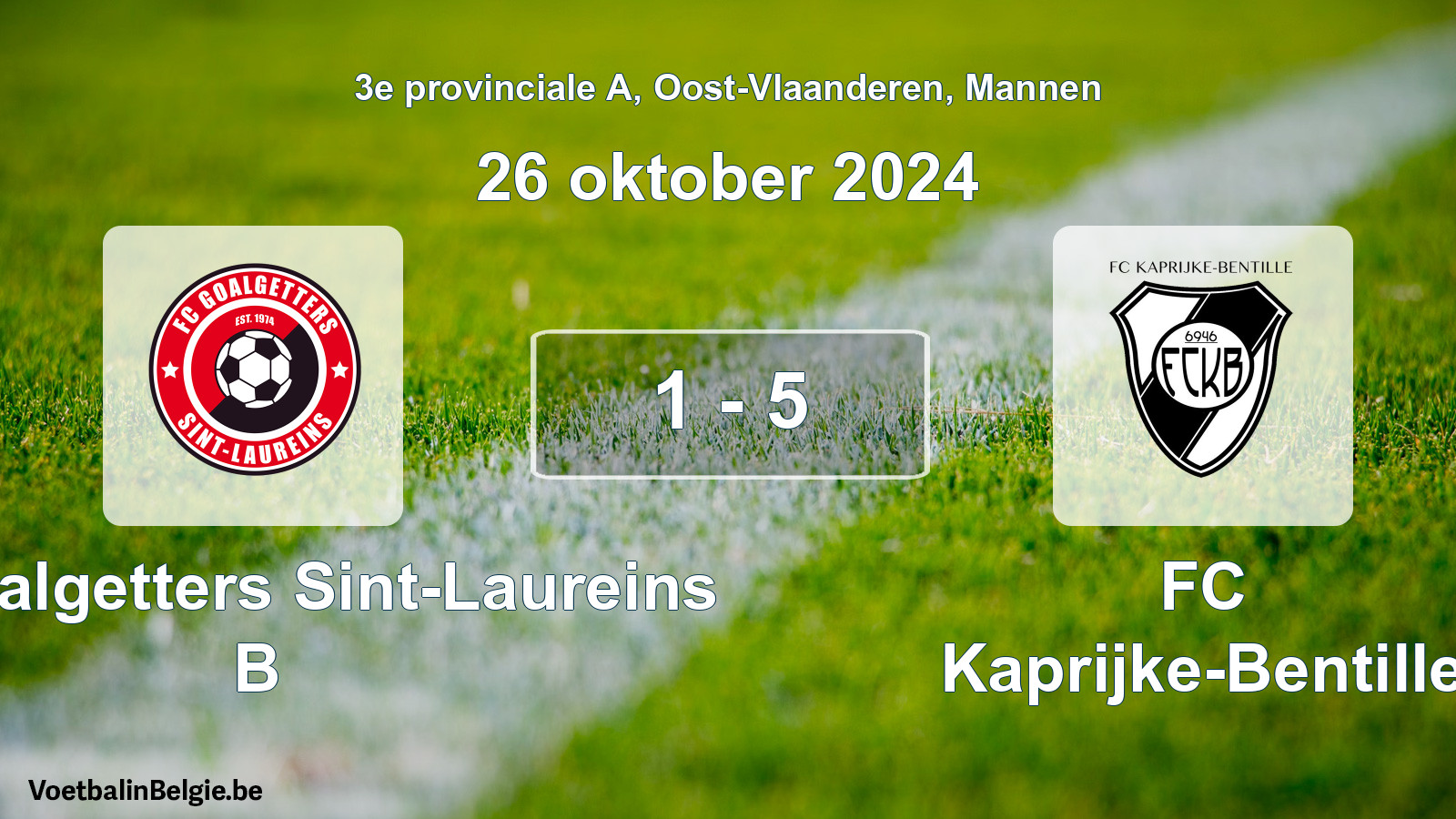 Gespeelde wedstrijd mannenvoetbal: FC Goalgetters Sint-Laureins B - FC Kaprijke-Bentille 1 - 5 (26 oktober 2024)