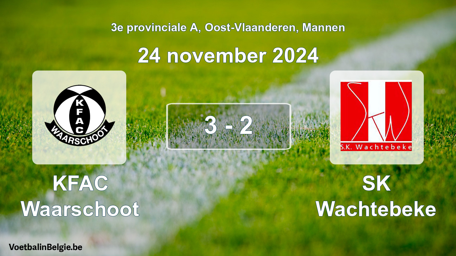 Gespeelde wedstrijd mannenvoetbal: KFAC Waarschoot - SK Wachtebeke 3 - 2 (24 november 2024)