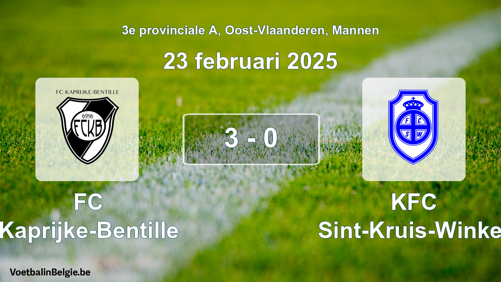 Gespeelde wedstrijd mannenvoetbal: FC Kaprijke-Bentille - KFC Sint-Kruis-Winkel 3 - 0 (23 februari 2025)