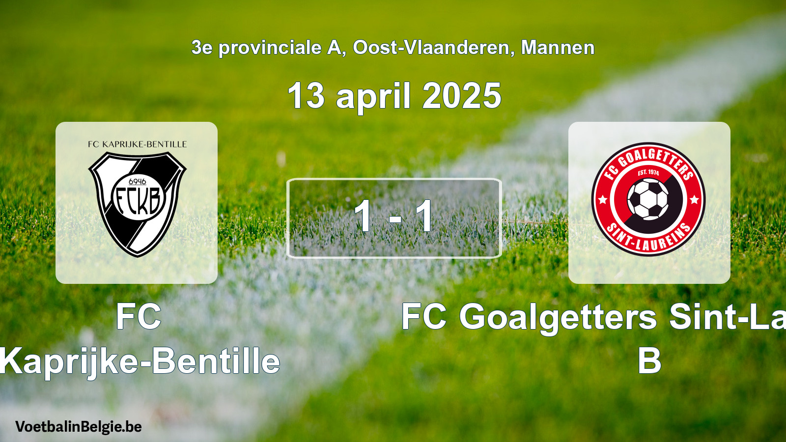 Gespeelde wedstrijd mannenvoetbal: FC Kaprijke-Bentille - FC Goalgetters Sint-Laureins B 1 - 1 (13 april 2025)
