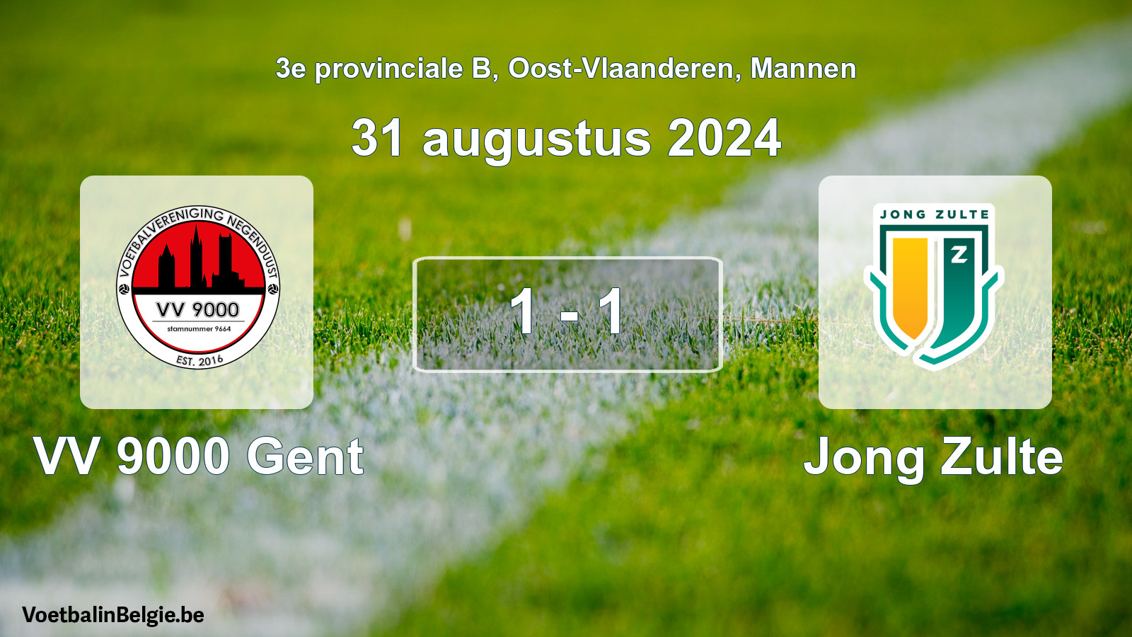 Gespeelde wedstrijd mannenvoetbal: VV 9000 Gent - Jong Zulte 1 - 1 (31 augustus 2024)
