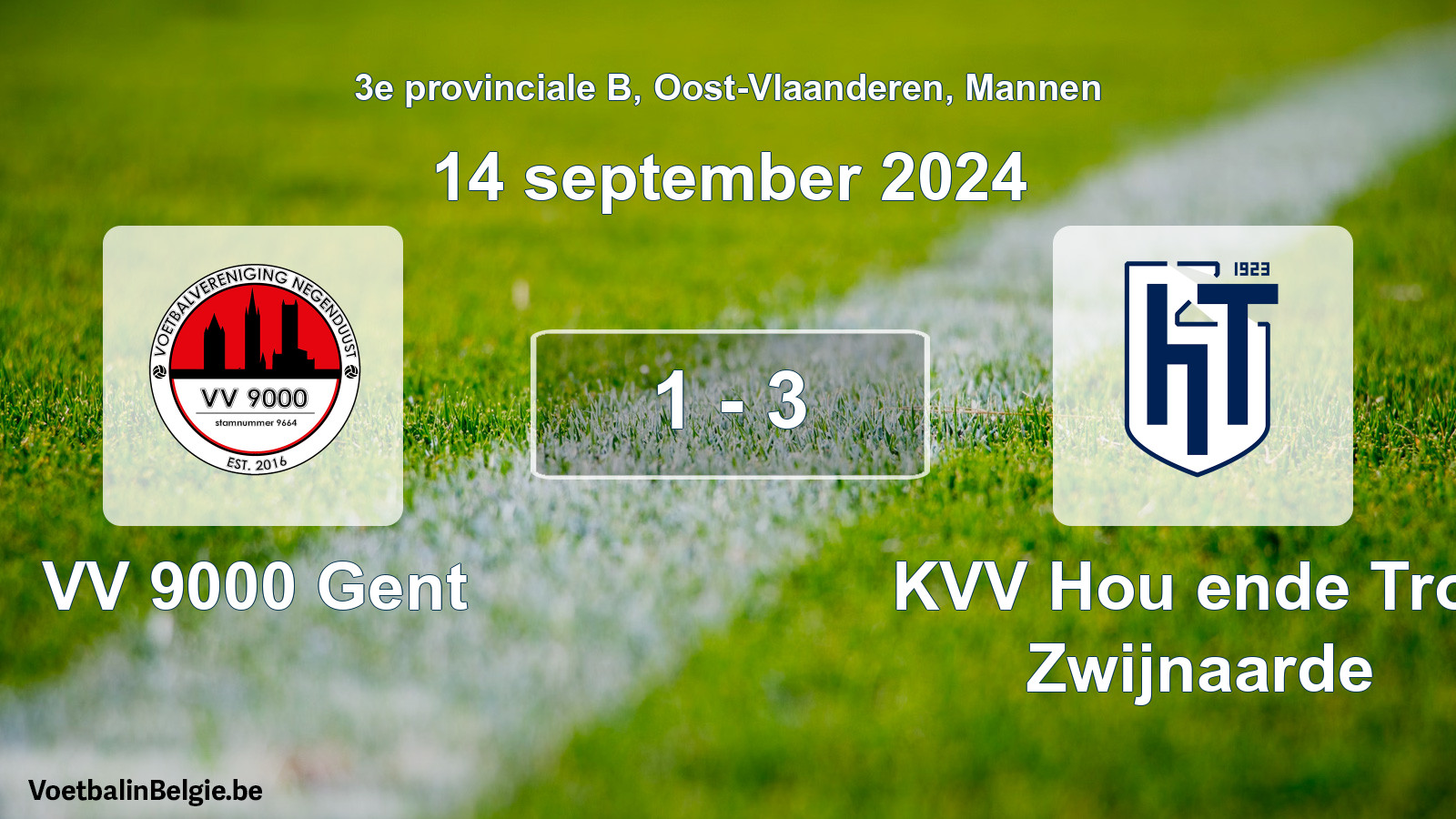 Gespeelde wedstrijd mannenvoetbal: VV 9000 Gent - KVV Hou ende Trou Zwijnaarde 1 - 3 (14 september 2024)