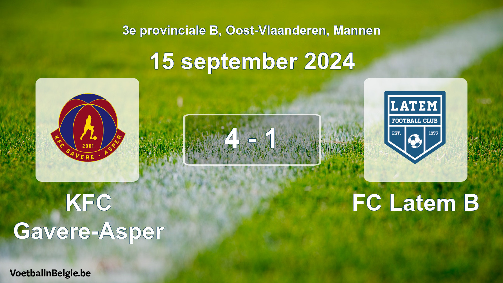 Gespeelde wedstrijd mannenvoetbal: KFC Gavere-Asper - FC Latem B 4 - 1 (15 september 2024)