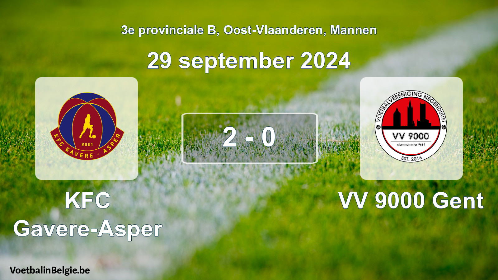 Gespeelde wedstrijd mannenvoetbal: KFC Gavere-Asper - VV 9000 Gent 2 - 0 (29 september 2024)