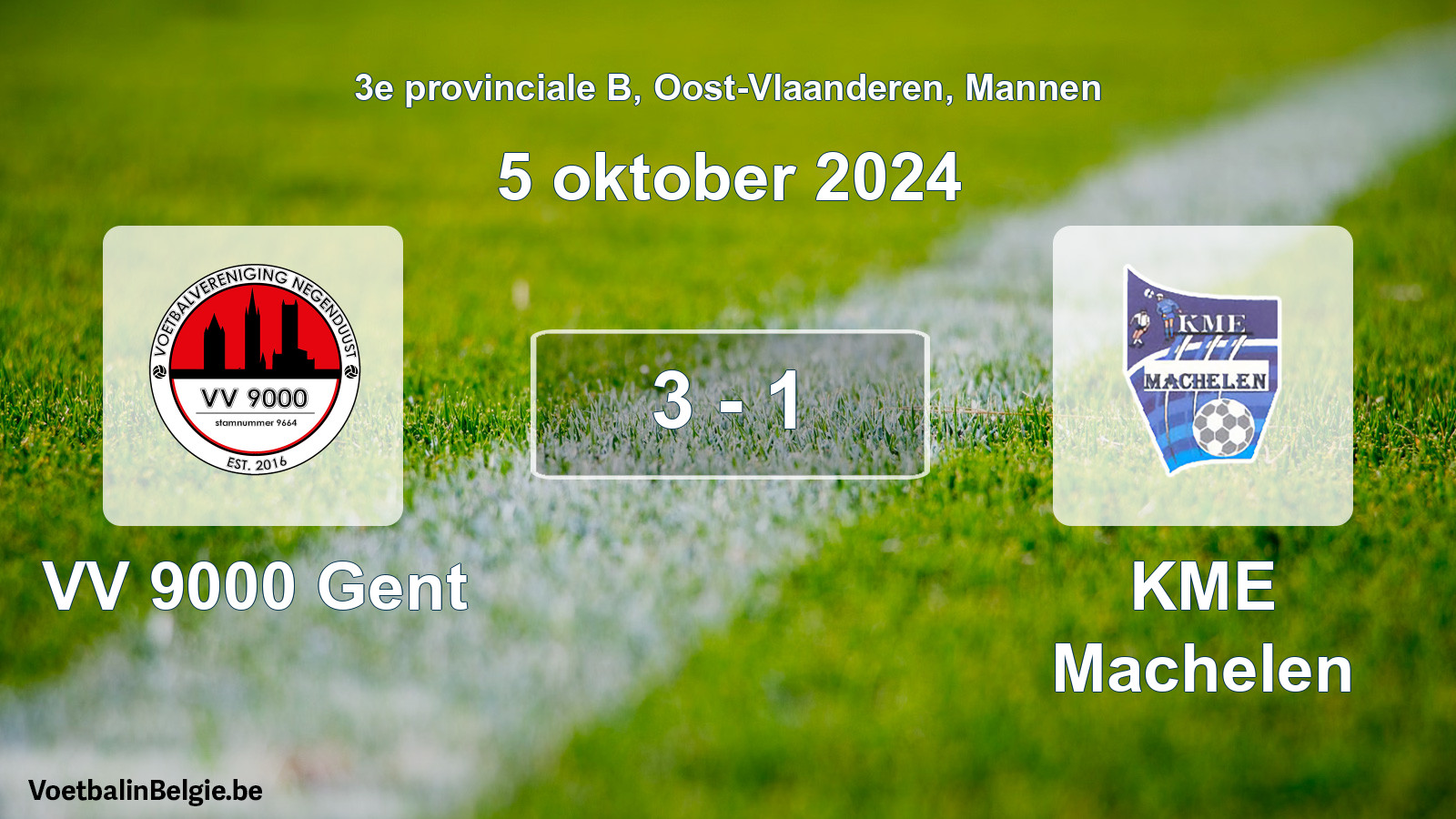 Gespeelde wedstrijd mannenvoetbal: VV 9000 Gent - KME Machelen 3 - 1 (5 oktober 2024)