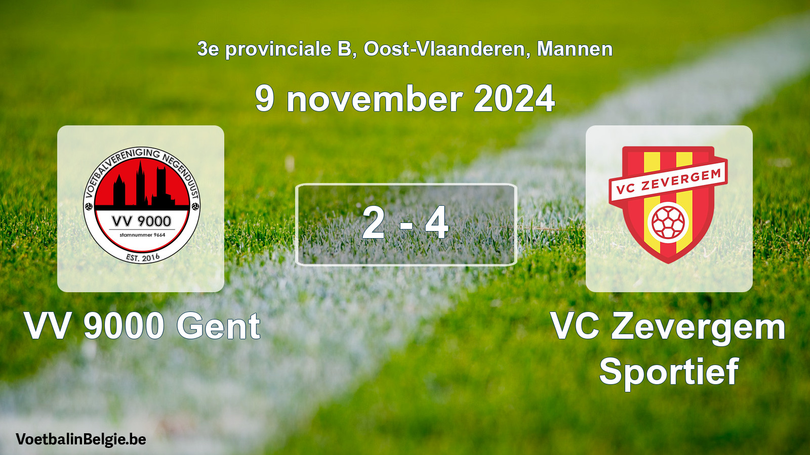 Gespeelde wedstrijd mannenvoetbal: VV 9000 Gent - VC Zevergem Sportief 2 - 4 (9 november 2024)