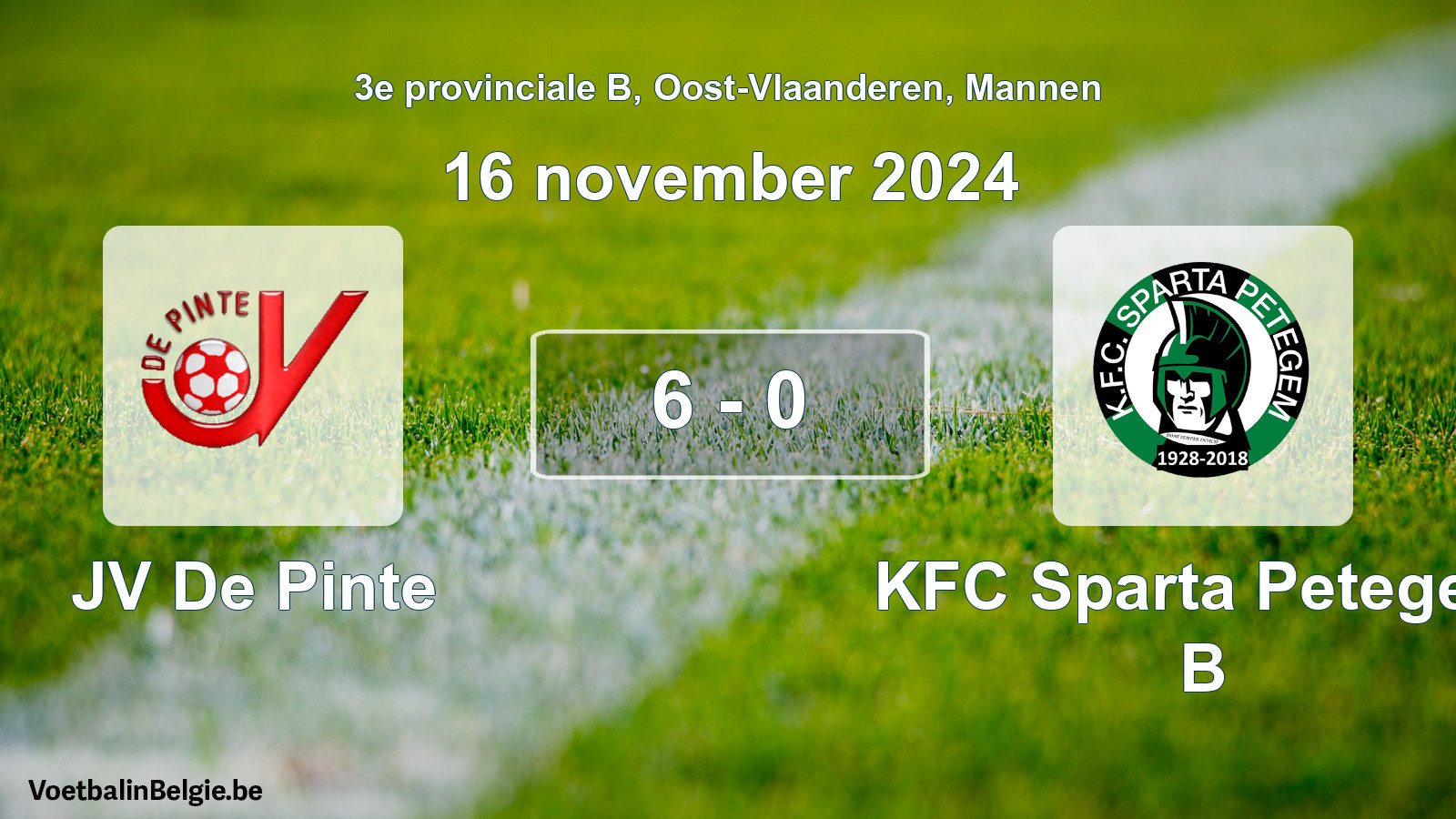 Gespeelde wedstrijd mannenvoetbal: JV De Pinte - KFC Sparta Petegem B 6 - 0 (16 november 2024)