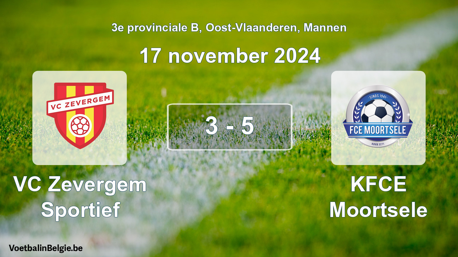 Gespeelde wedstrijd mannenvoetbal: VC Zevergem Sportief - KFCE Moortsele 3 - 5 (17 november 2024)