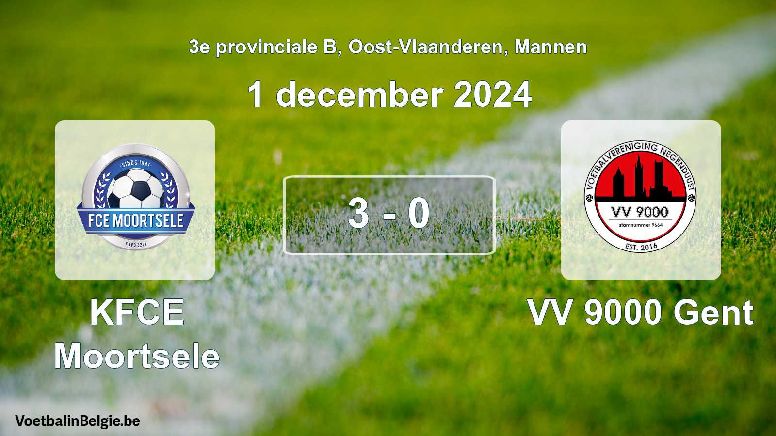 Gespeelde wedstrijd mannenvoetbal: KFCE Moortsele - VV 9000 Gent 3 - 0 (1 december 2024)
