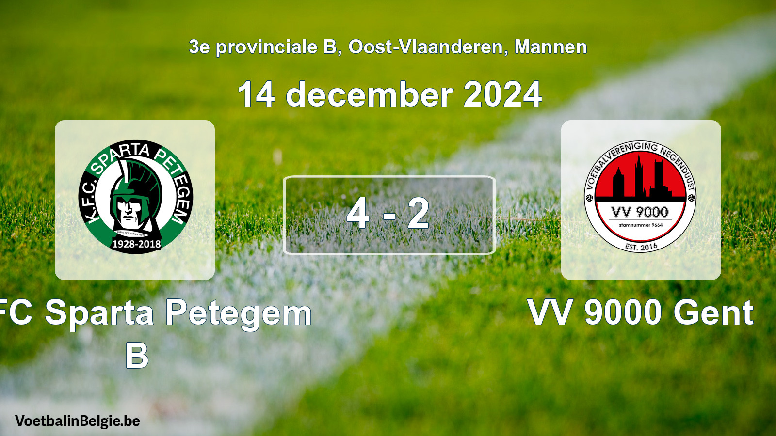 Gespeelde wedstrijd mannenvoetbal: KFC Sparta Petegem B - VV 9000 Gent 4 - 2 (14 december 2024)