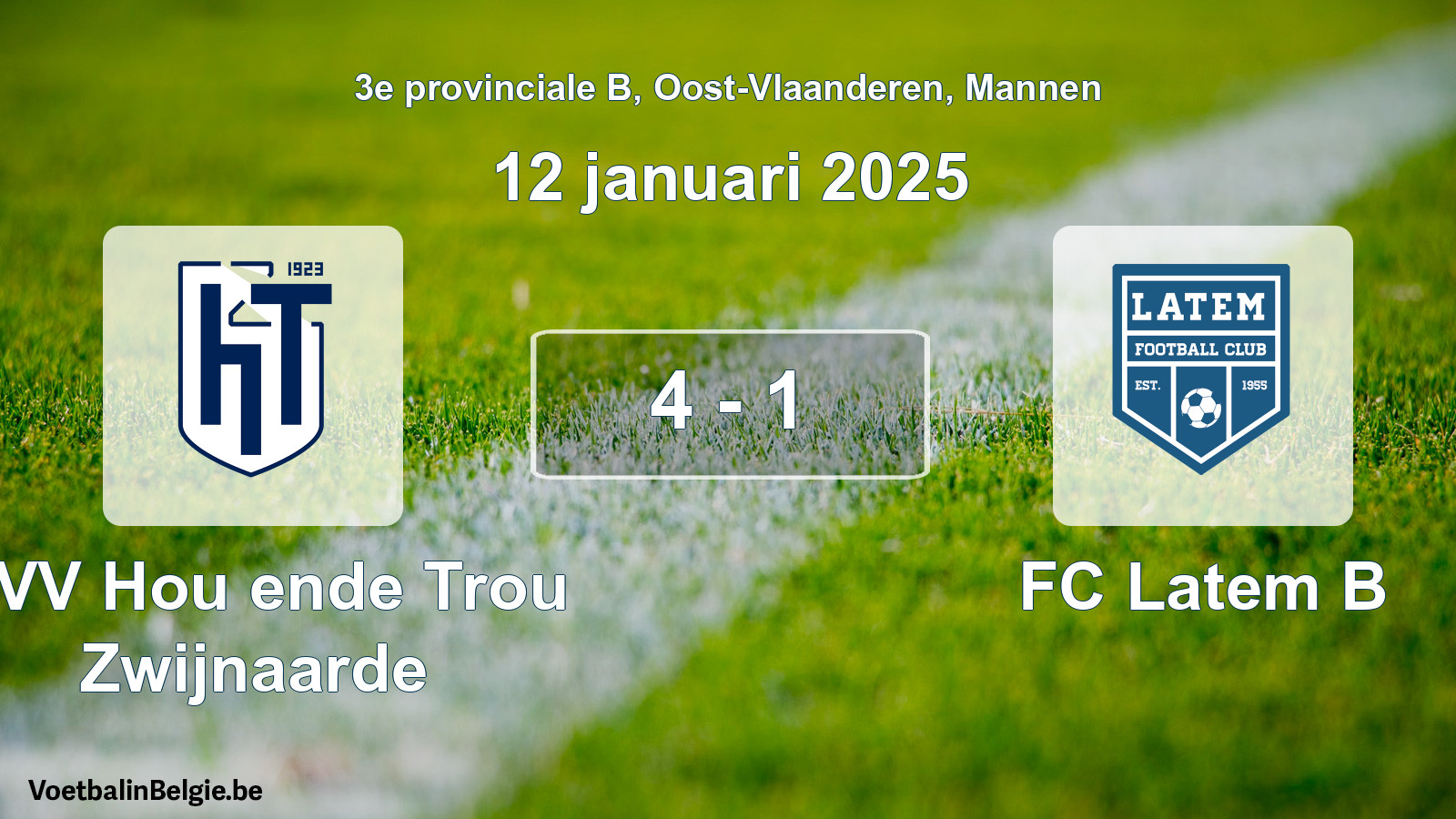 Gespeelde wedstrijd mannenvoetbal: KVV Hou ende Trou Zwijnaarde - FC Latem B 4 - 1 (12 januari 2025)