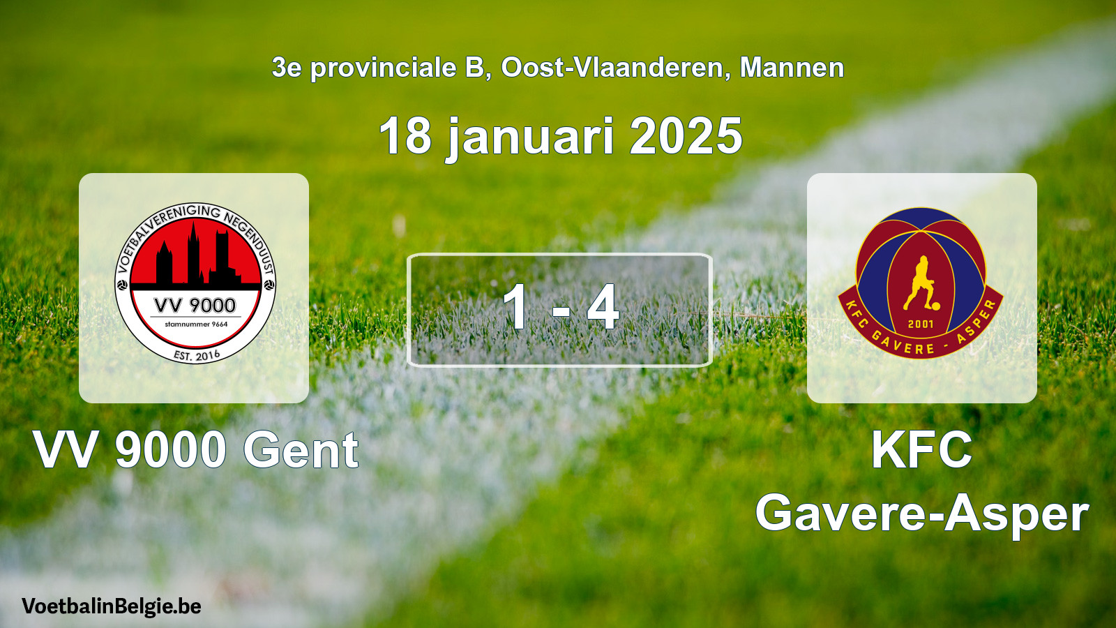 Gespeelde wedstrijd mannenvoetbal: VV 9000 Gent - KFC Gavere-Asper 1 - 4 (18 januari 2025)