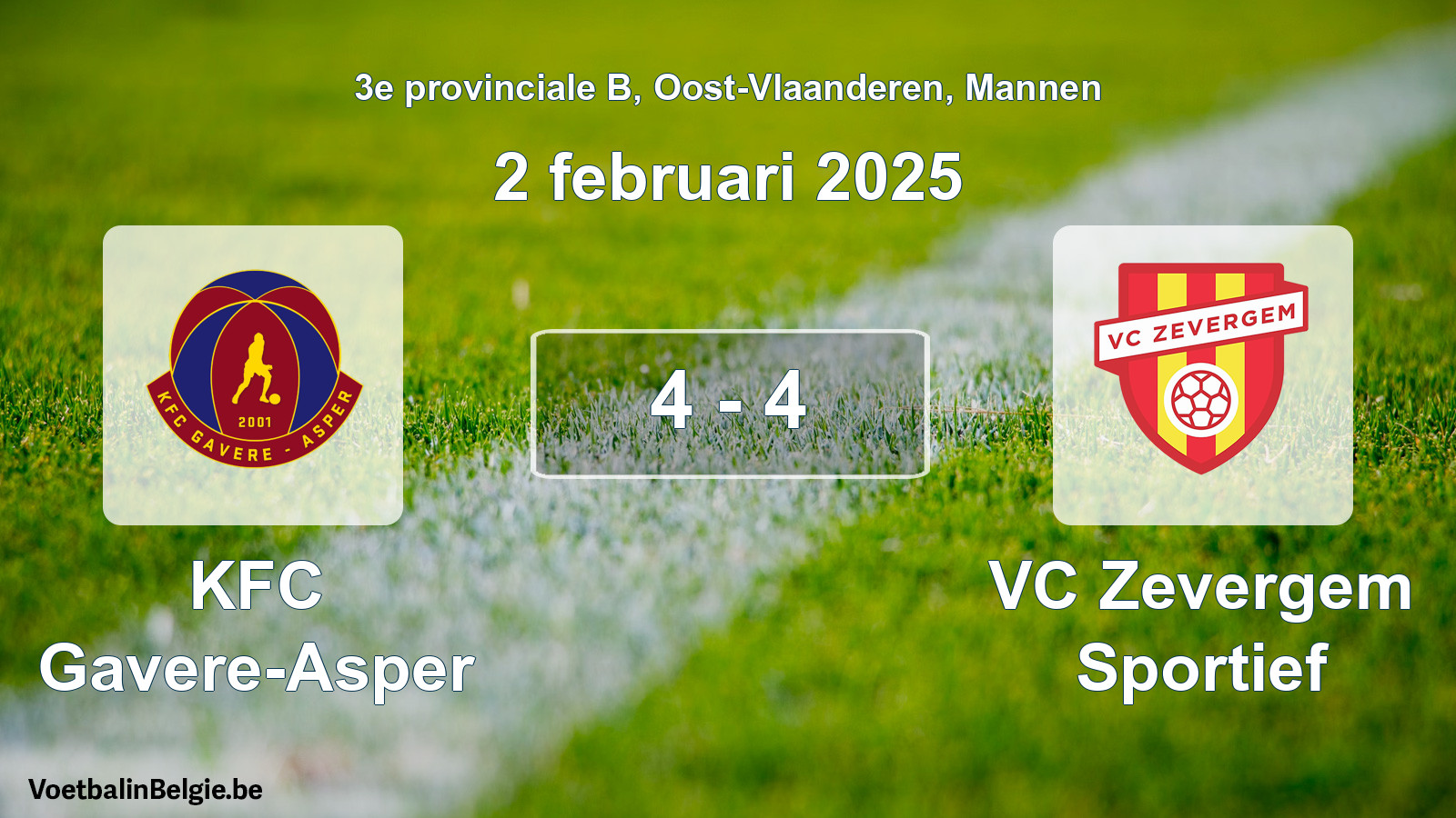 Gespeelde wedstrijd mannenvoetbal: KFC Gavere-Asper - VC Zevergem Sportief 4 - 4 (2 februari 2025)