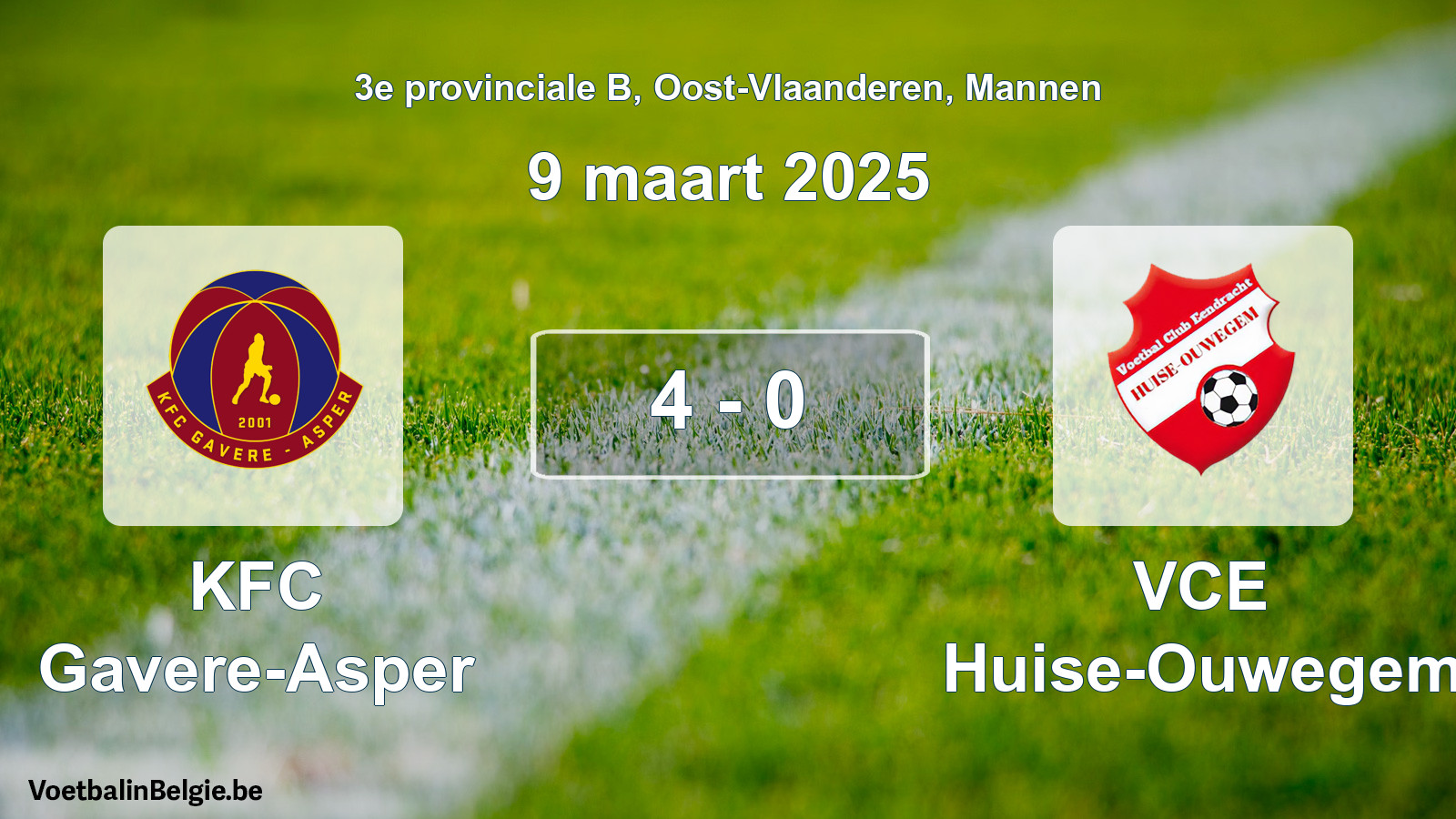 Gespeelde wedstrijd mannenvoetbal: KFC Gavere-Asper - VCE Huise-Ouwegem 4 - 0 (9 maart 2025)