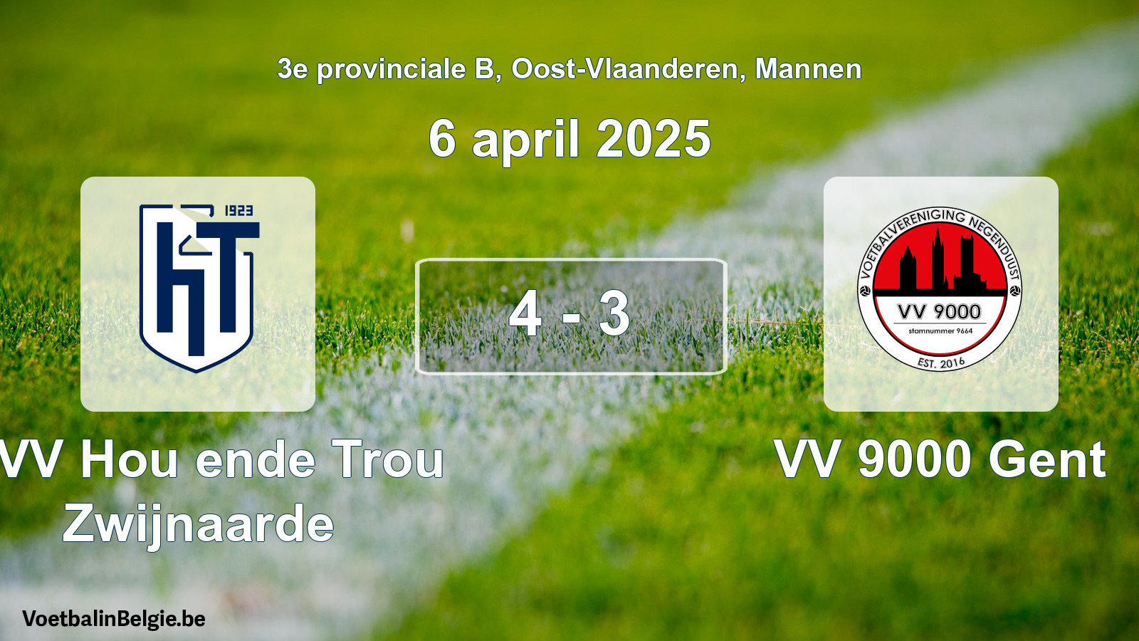 Gespeelde wedstrijd mannenvoetbal: KVV Hou ende Trou Zwijnaarde - VV 9000 Gent 4 - 3 (6 april 2025)
