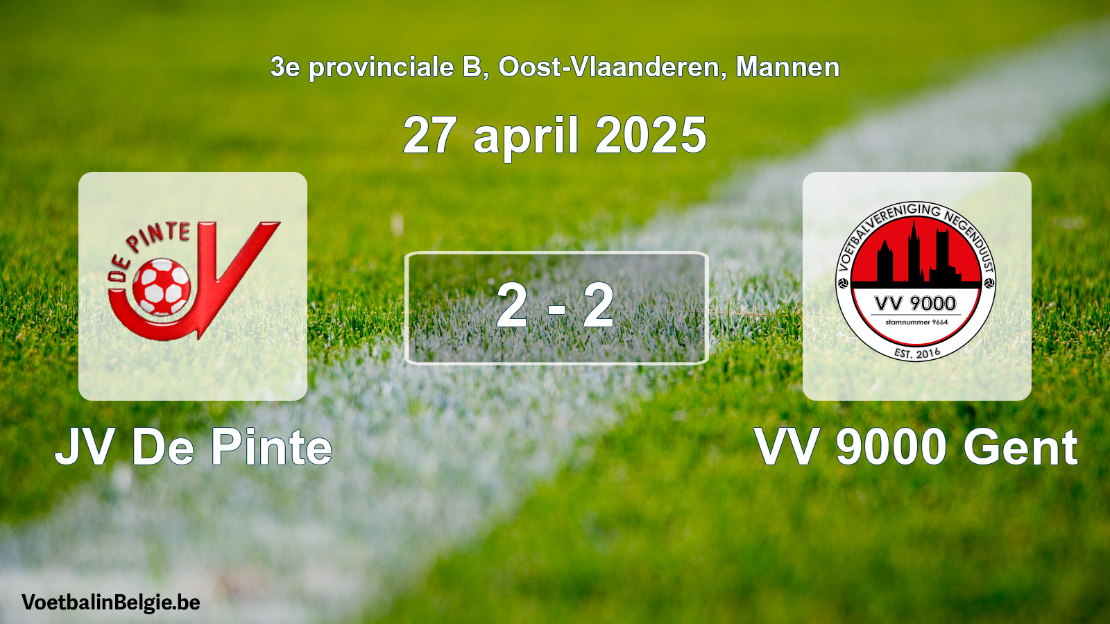 Gespeelde wedstrijd mannenvoetbal: JV De Pinte - VV 9000 Gent 2 - 2 (27 april 2025)