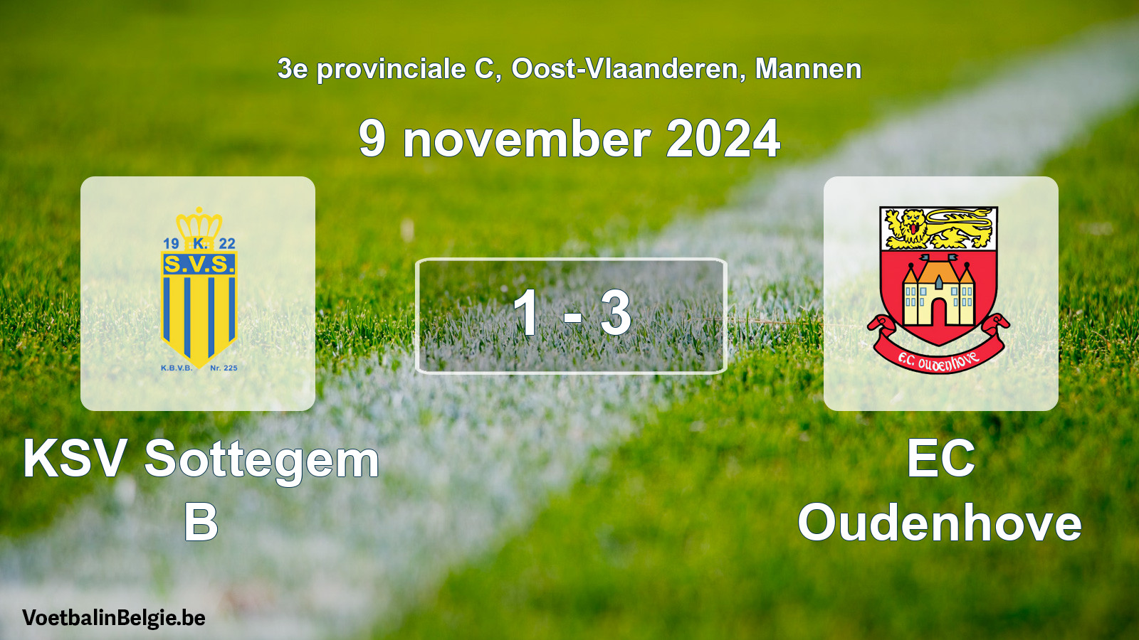 Gespeelde wedstrijd mannenvoetbal: KSV Sottegem B - EC Oudenhove 1 - 3 (9 november 2024)