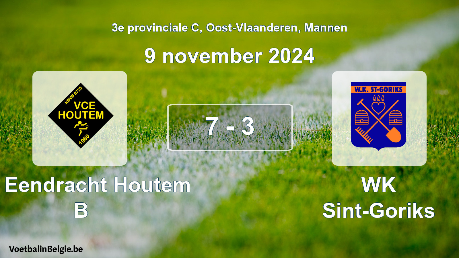 Gespeelde wedstrijd mannenvoetbal: VC Eendracht Houtem B - WK Sint-Goriks 7 - 3 (9 november 2024)