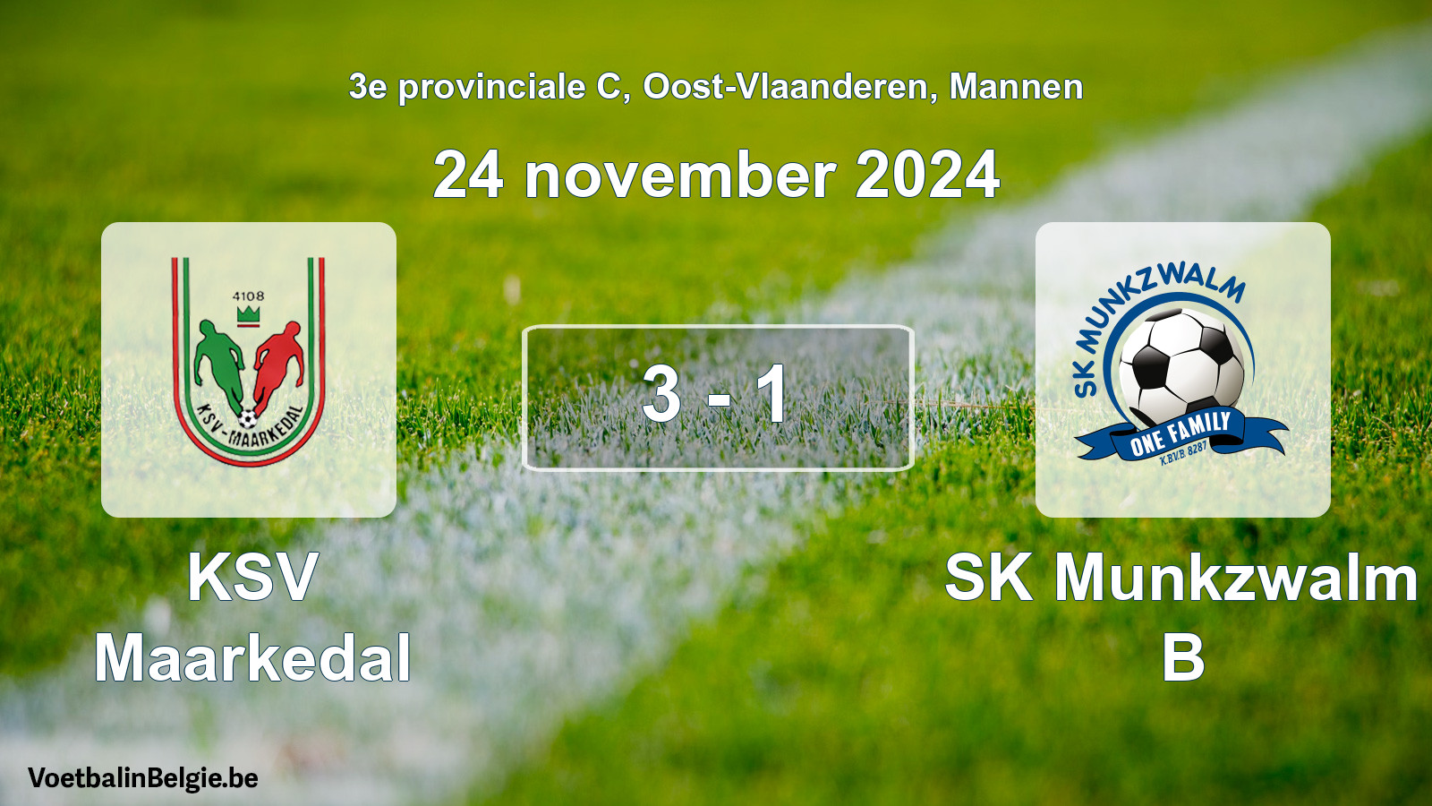 Gespeelde wedstrijd mannenvoetbal: KSV Maarkedal - SK Munkzwalm B 3 - 1 (24 november 2024)