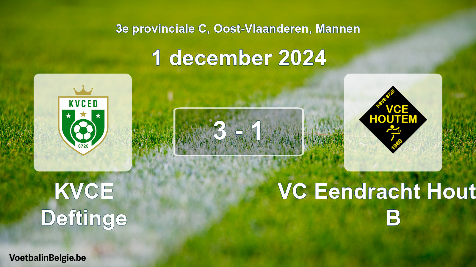 Gespeelde wedstrijd mannenvoetbal: KVCE Deftinge - VC Eendracht Houtem B 3 - 1 (1 december 2024)