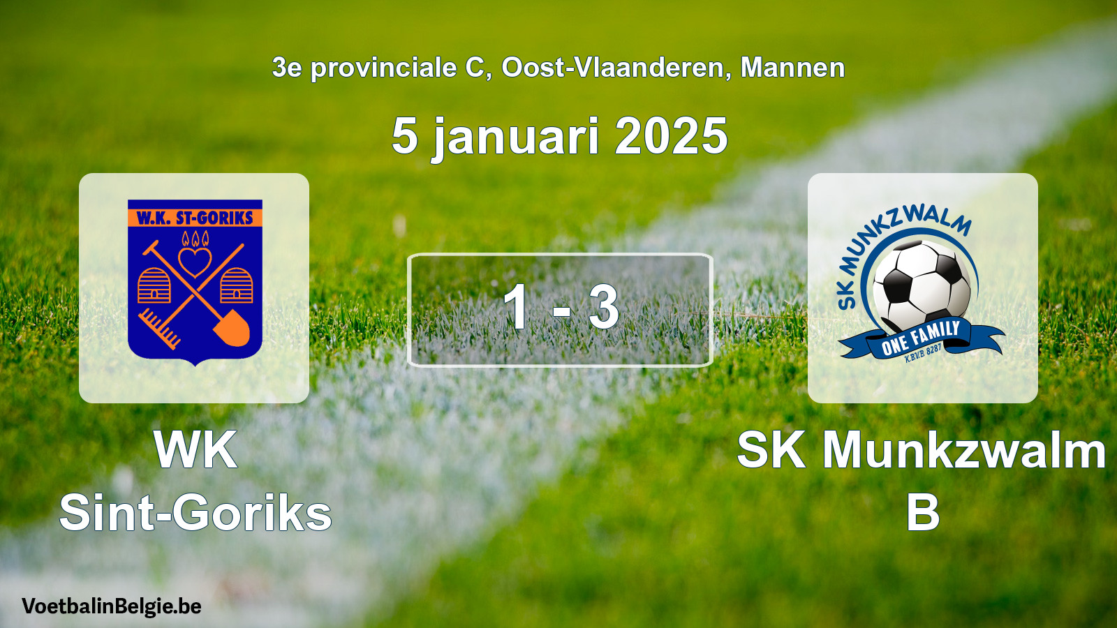 Gespeelde wedstrijd mannenvoetbal: WK Sint-Goriks - SK Munkzwalm B 1 - 3 (5 januari 2025)