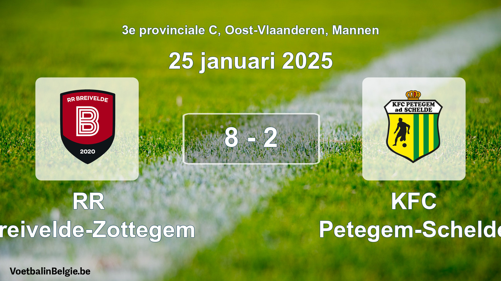 Gespeelde wedstrijd mannenvoetbal: RR Breivelde-Zottegem - KFC Petegem-Schelde 8 - 2 (25 januari 2025)