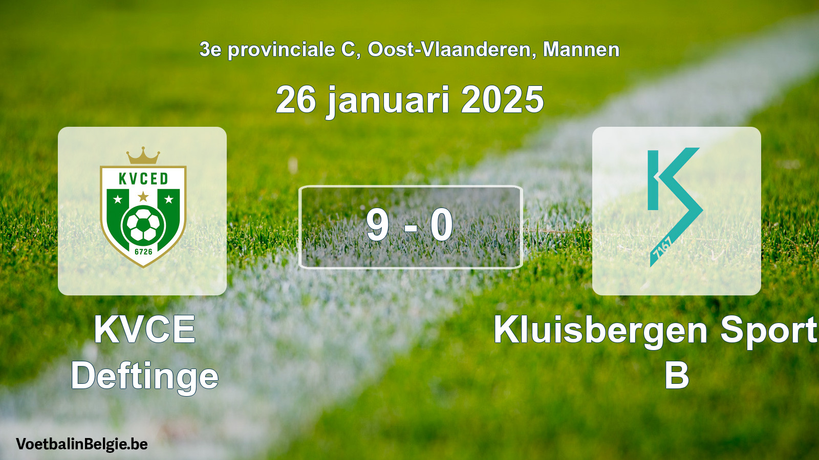 Gespeelde wedstrijd mannenvoetbal: KVCE Deftinge - Kluisbergen Sportief B 9 - 0 (26 januari 2025)