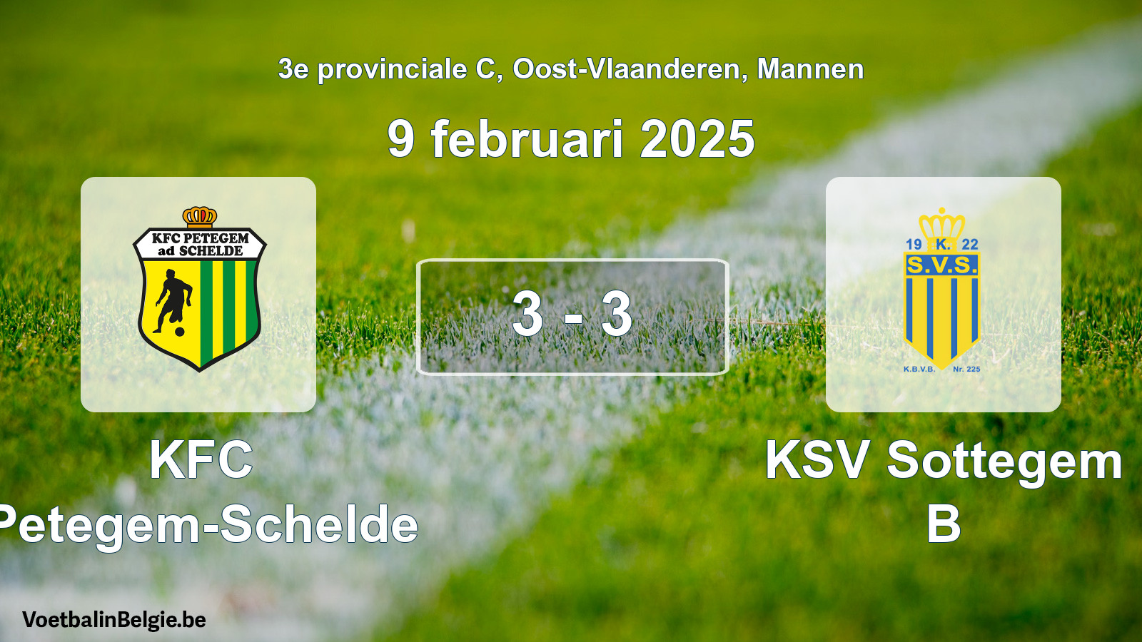 Gespeelde wedstrijd mannenvoetbal: KFC Petegem-Schelde - KSV Sottegem B 3 - 3 (9 februari 2025)