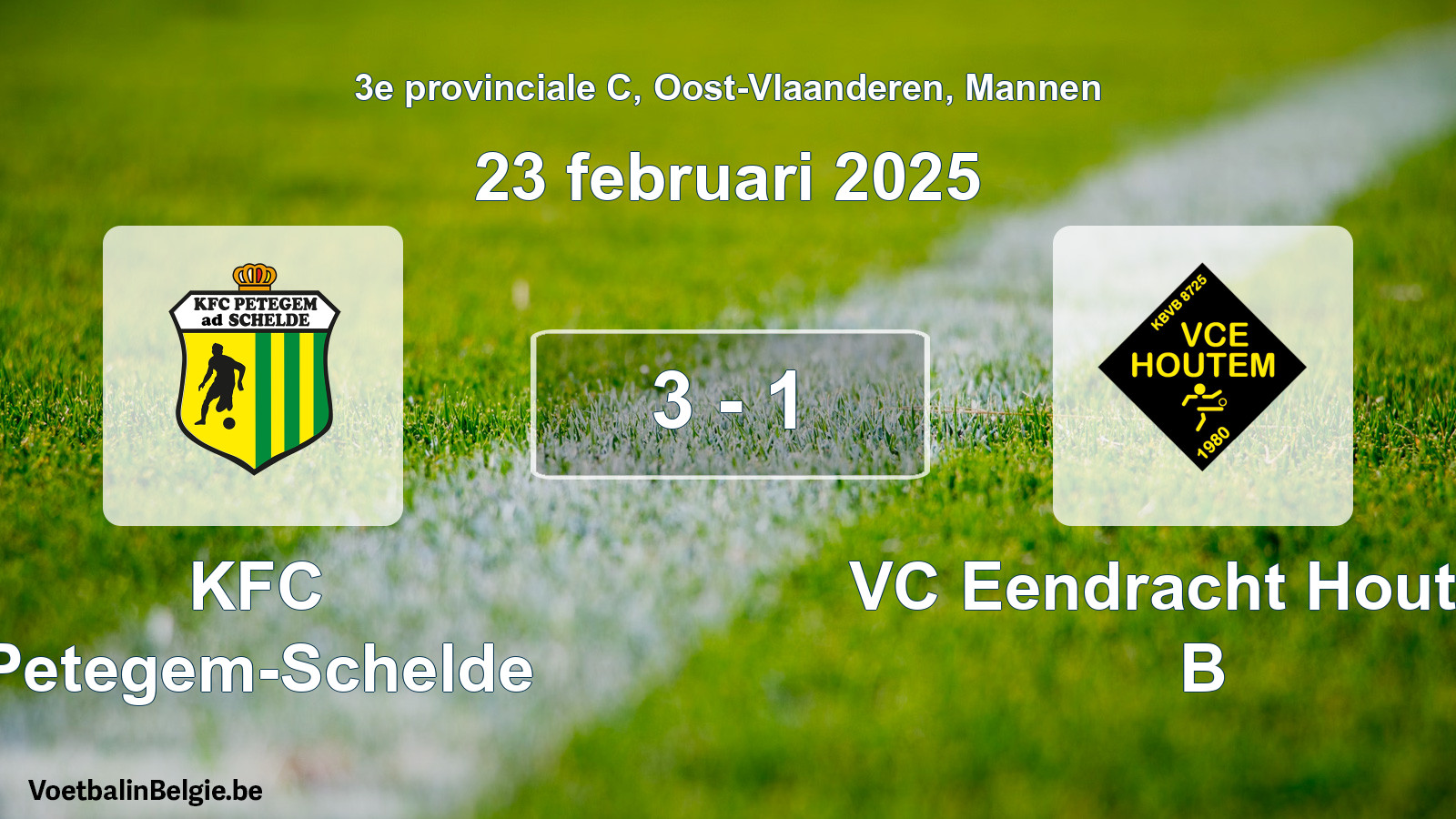 Gespeelde wedstrijd mannenvoetbal: KFC Petegem-Schelde - VC Eendracht Houtem B 3 - 1 (23 februari 2025)