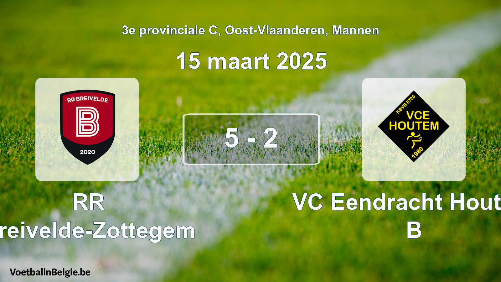 Gespeelde wedstrijd mannenvoetbal: RR Breivelde-Zottegem - VC Eendracht Houtem B 5 - 2 (15 maart 2025)