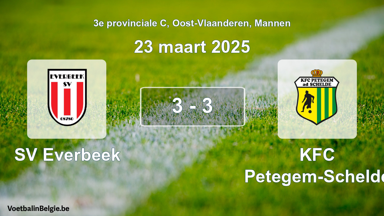 Gespeelde wedstrijd mannenvoetbal: SV Everbeek - KFC Petegem-Schelde 3 - 3 (23 maart 2025)