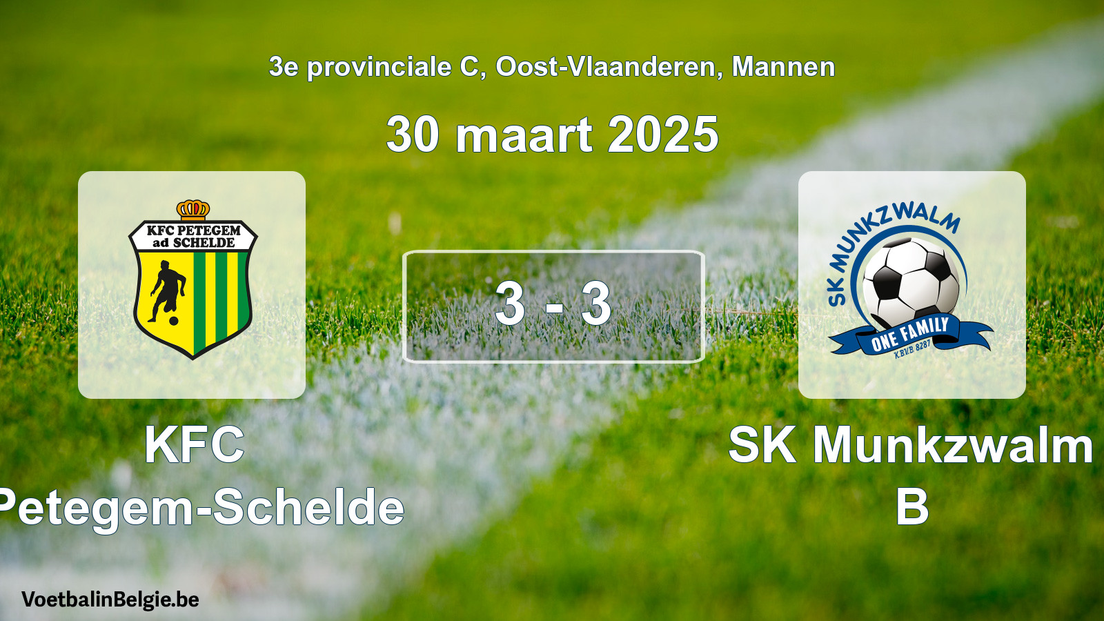 Gespeelde wedstrijd mannenvoetbal: KFC Petegem-Schelde - SK Munkzwalm B 3 - 3 (30 maart 2025)