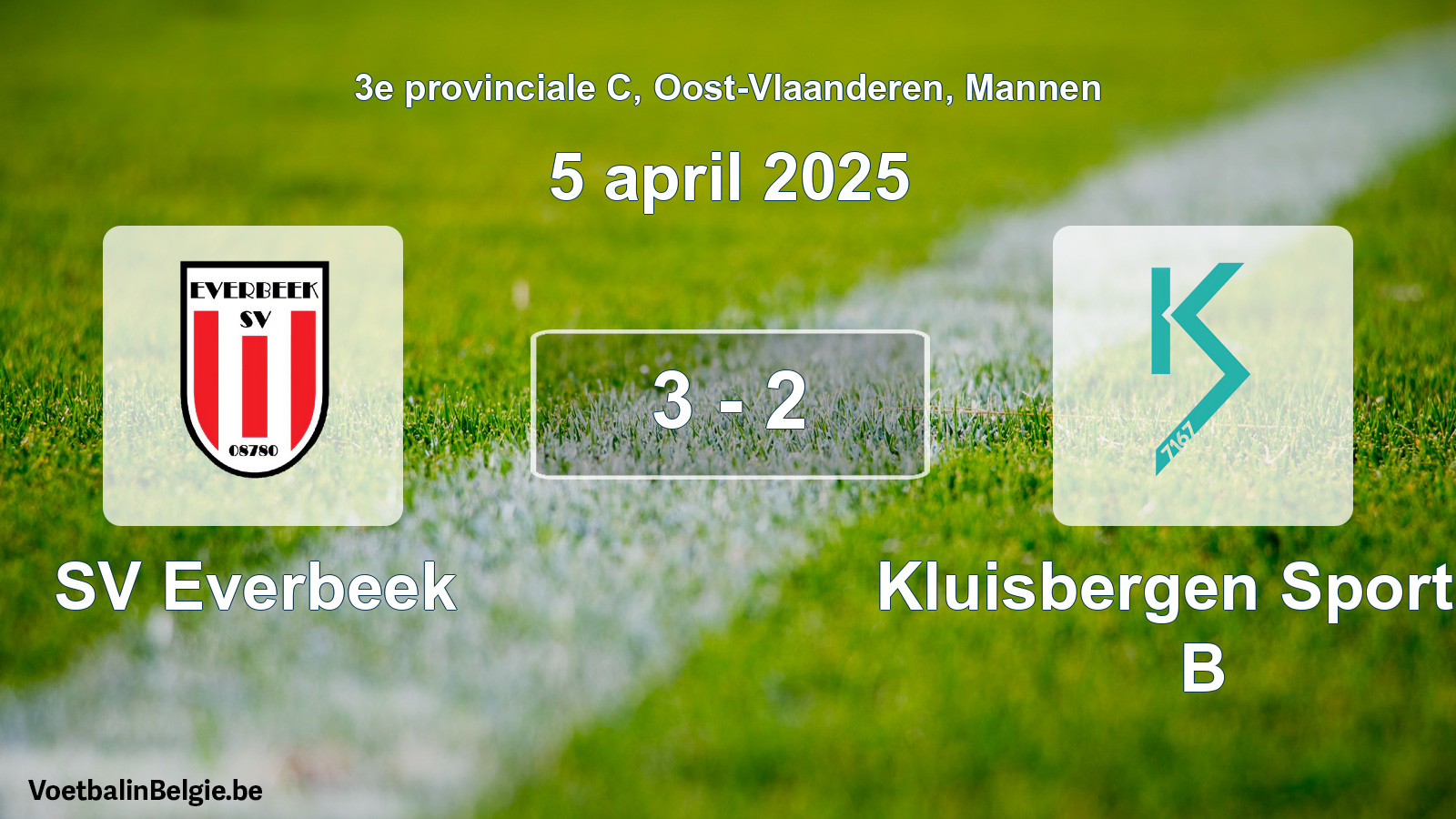 Gespeelde wedstrijd mannenvoetbal: SV Everbeek - Kluisbergen Sportief B 3 - 2 (5 april 2025)