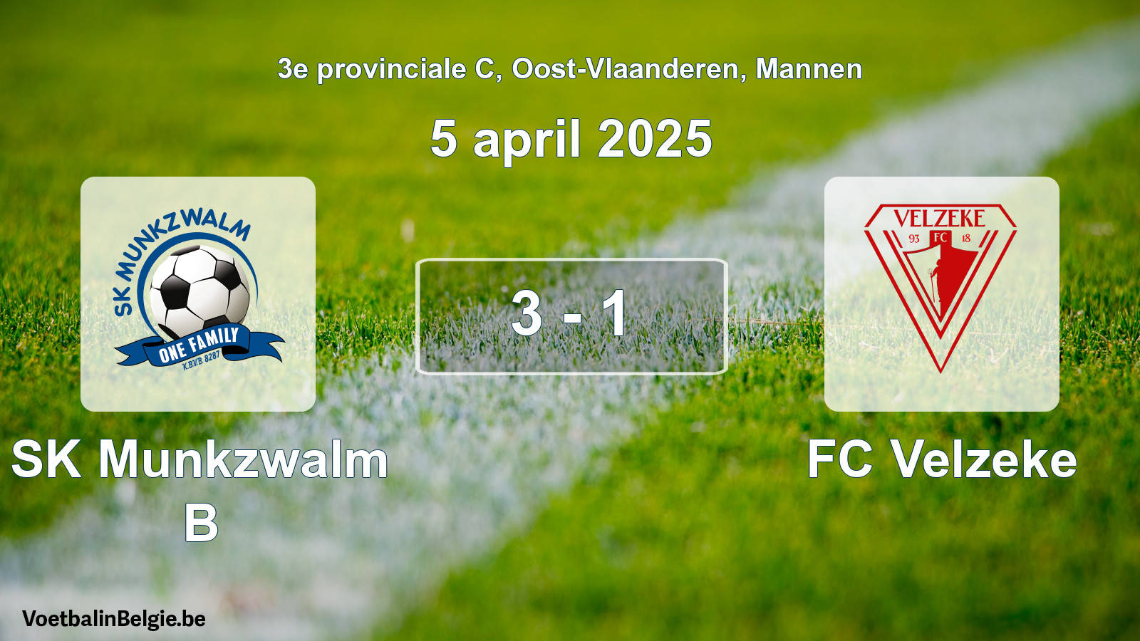 Gespeelde wedstrijd mannenvoetbal: SK Munkzwalm B - FC Velzeke 3 - 1 (5 april 2025)