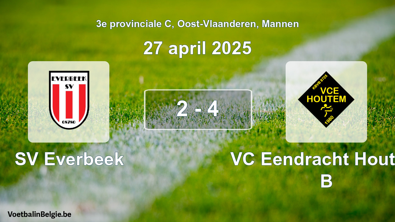 Gespeelde wedstrijd mannenvoetbal: SV Everbeek - VC Eendracht Houtem B 2 - 4 (27 april 2025)