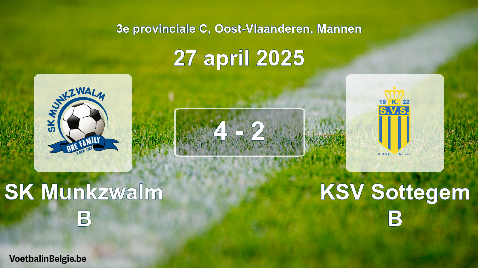 Gespeelde wedstrijd mannenvoetbal: SK Munkzwalm B - KSV Sottegem B 4 - 2 (27 april 2025)
