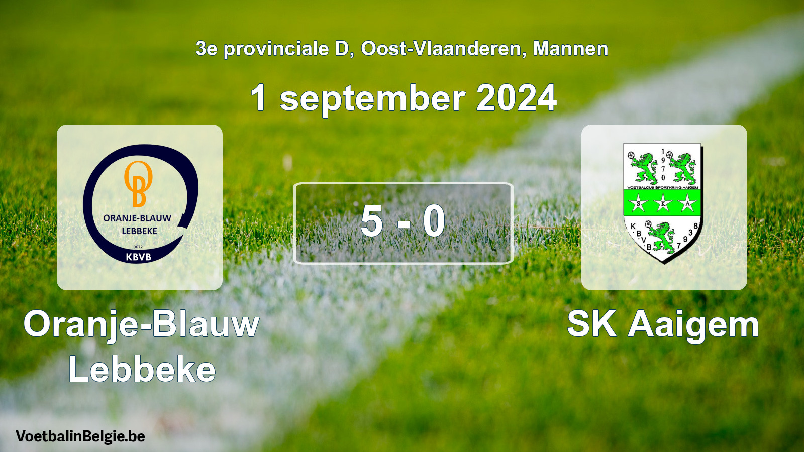 Gespeelde wedstrijd mannenvoetbal: Oranje-Blauw Lebbeke - SK Aaigem 5 - 0 (1 september 2024)