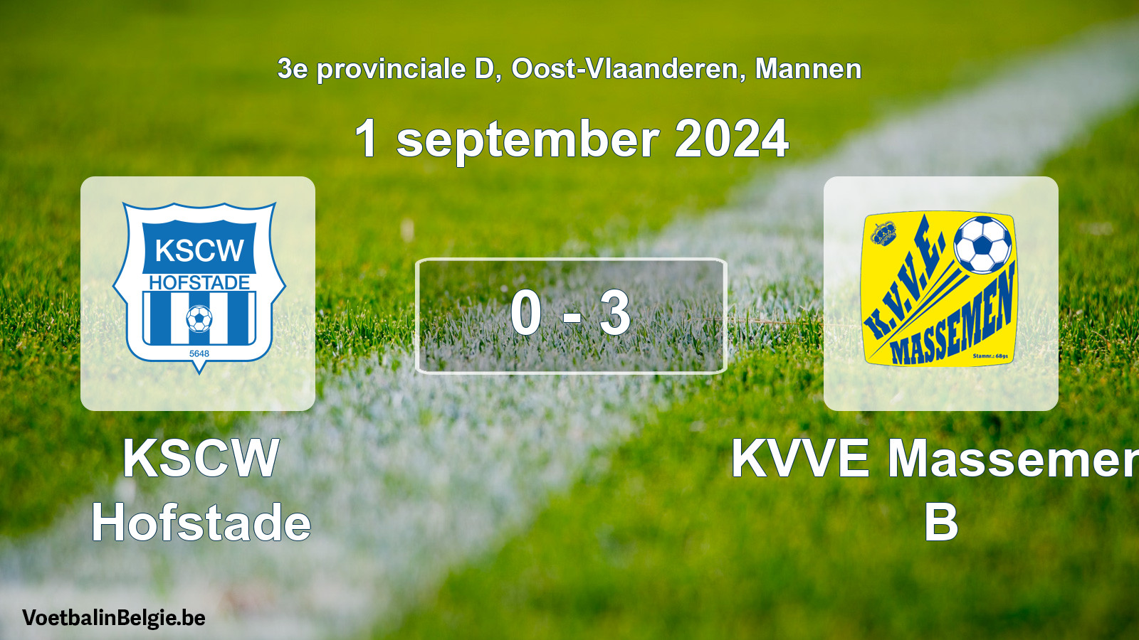 Gespeelde wedstrijd mannenvoetbal: KSCW Hofstade - KVVE Massemen B 0 - 3 (1 september 2024)