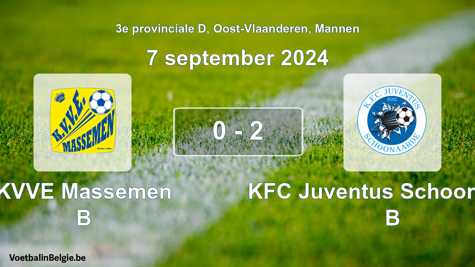 Gespeelde wedstrijd mannenvoetbal: KVVE Massemen B - KFC Juventus Schoonaarde B 0 - 2 (7 september 2024)