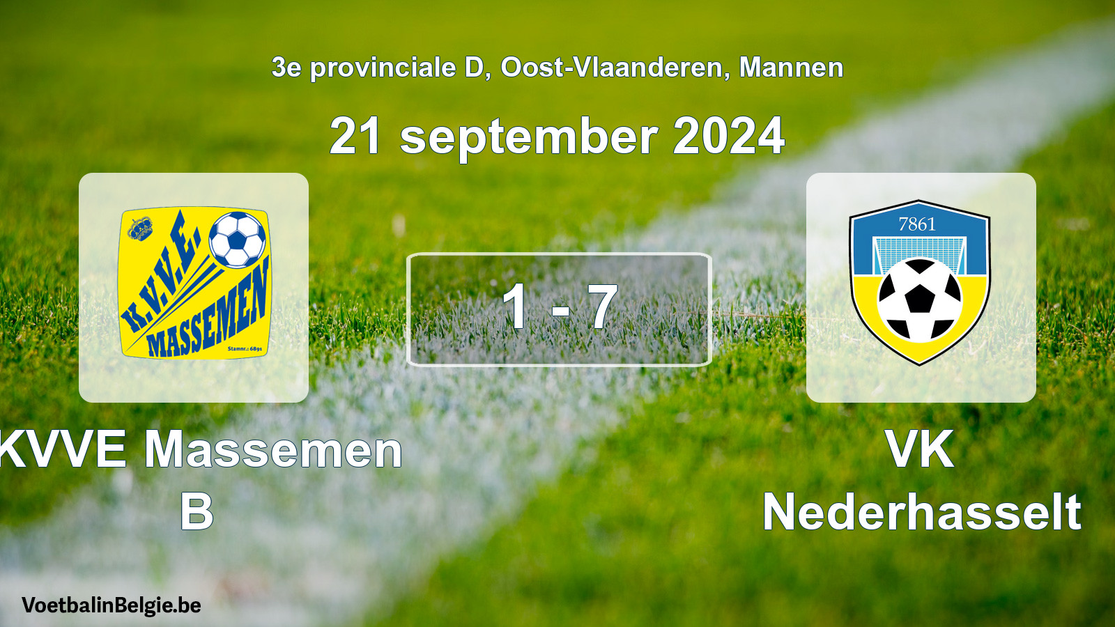 Gespeelde wedstrijd mannenvoetbal: KVVE Massemen B - VK Nederhasselt 1 - 7 (21 september 2024)