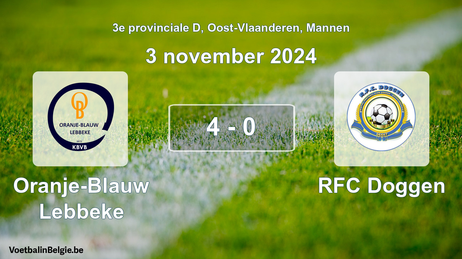 Gespeelde wedstrijd mannenvoetbal: Oranje-Blauw Lebbeke - RFC Doggen 4 - 0 (3 november 2024)