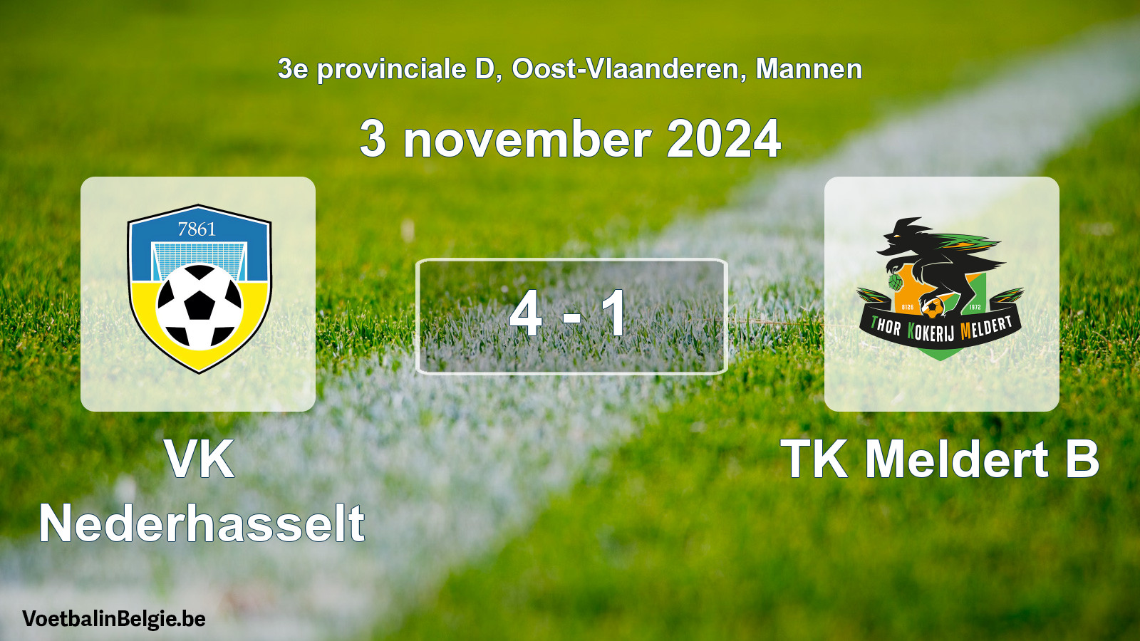 Gespeelde wedstrijd mannenvoetbal: VK Nederhasselt - TK Meldert B 4 - 1 (3 november 2024)