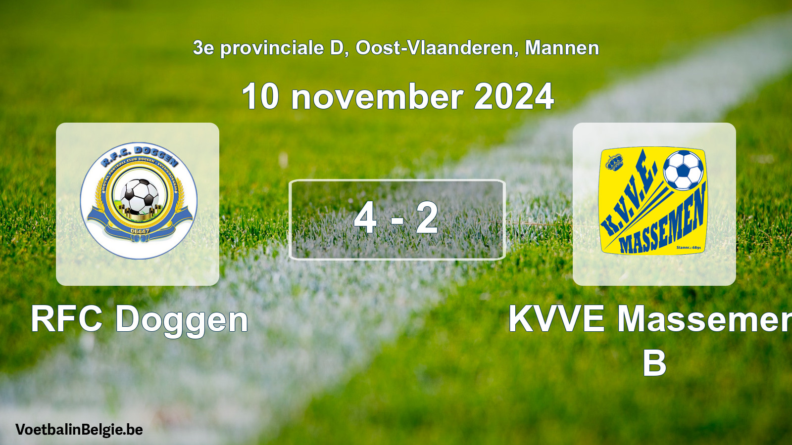 Gespeelde wedstrijd mannenvoetbal: RFC Doggen - KVVE Massemen B 4 - 2 (10 november 2024)