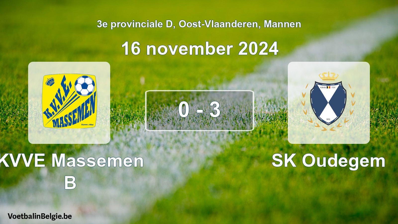 Gespeelde wedstrijd mannenvoetbal: KVVE Massemen B - SK Oudegem 0 - 3 (16 november 2024)