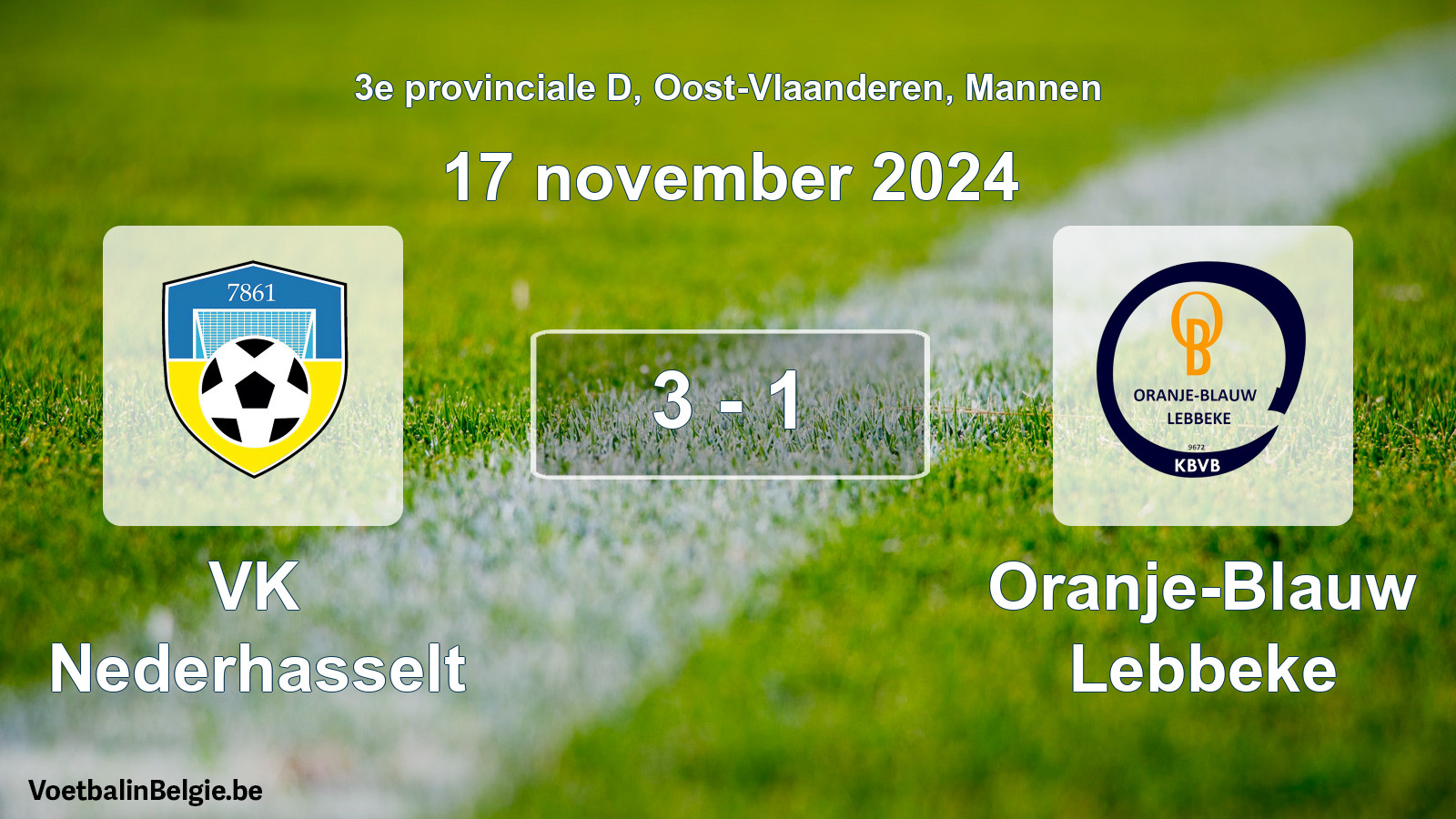Gespeelde wedstrijd mannenvoetbal: VK Nederhasselt - Oranje-Blauw Lebbeke 3 - 1 (17 november 2024)