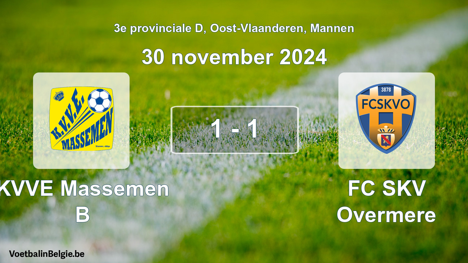 Gespeelde wedstrijd mannenvoetbal: KVVE Massemen B - FC SKV Overmere 1 - 1 (30 november 2024)